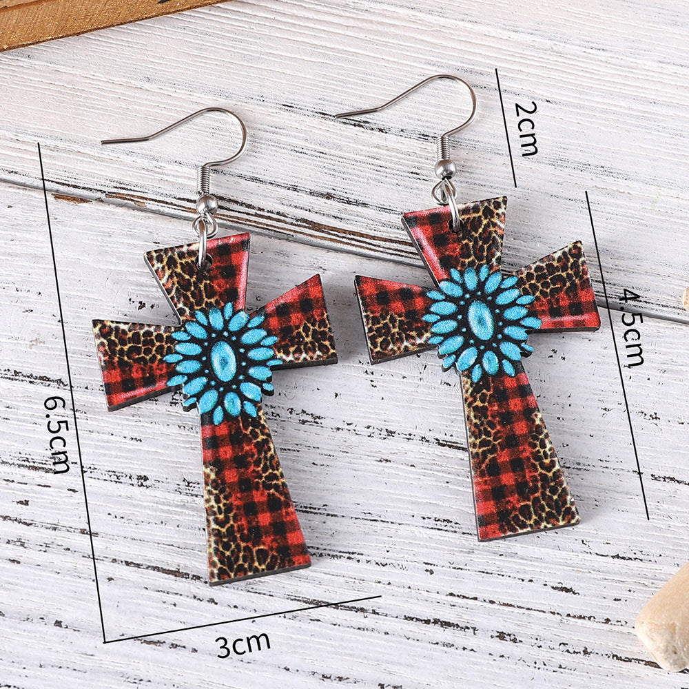 Wholesale Western style leopard plaid turquoise cross wooden double-sided earrings