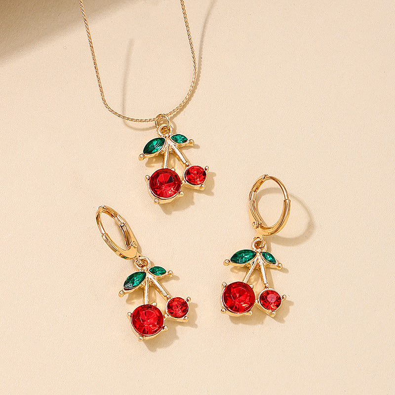 Wholesale 3pcs/set Set Summer Sweet Cute Metal Red Cherry Necklace Earrings
