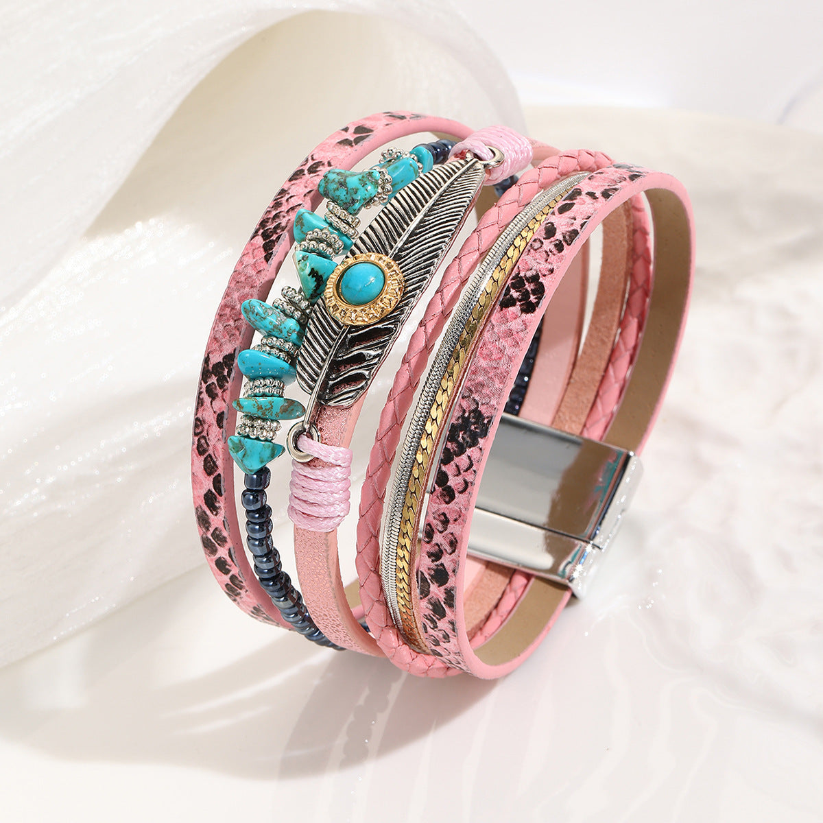 Wholesale Vintage Feather Green Pine Stone Feather Bracelet  Layered Bracelet Set