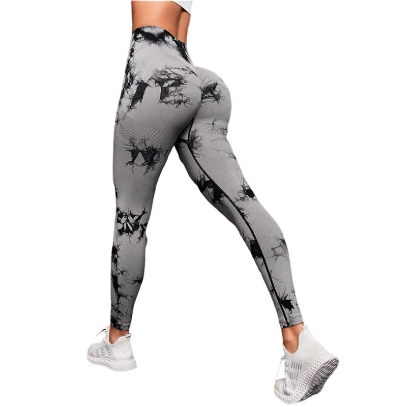 Wholesale new quick-drying tie-dyed yoga pants seamless stretch tight sports pants Peach Hip lifting fitness pants