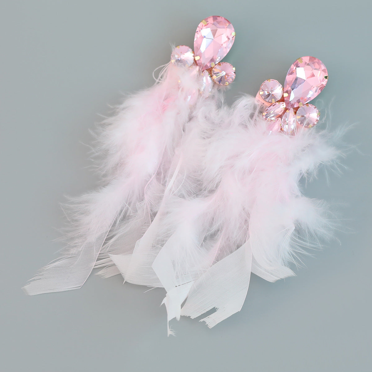 Wholesale Long feather studded diamond floral tassel earrings