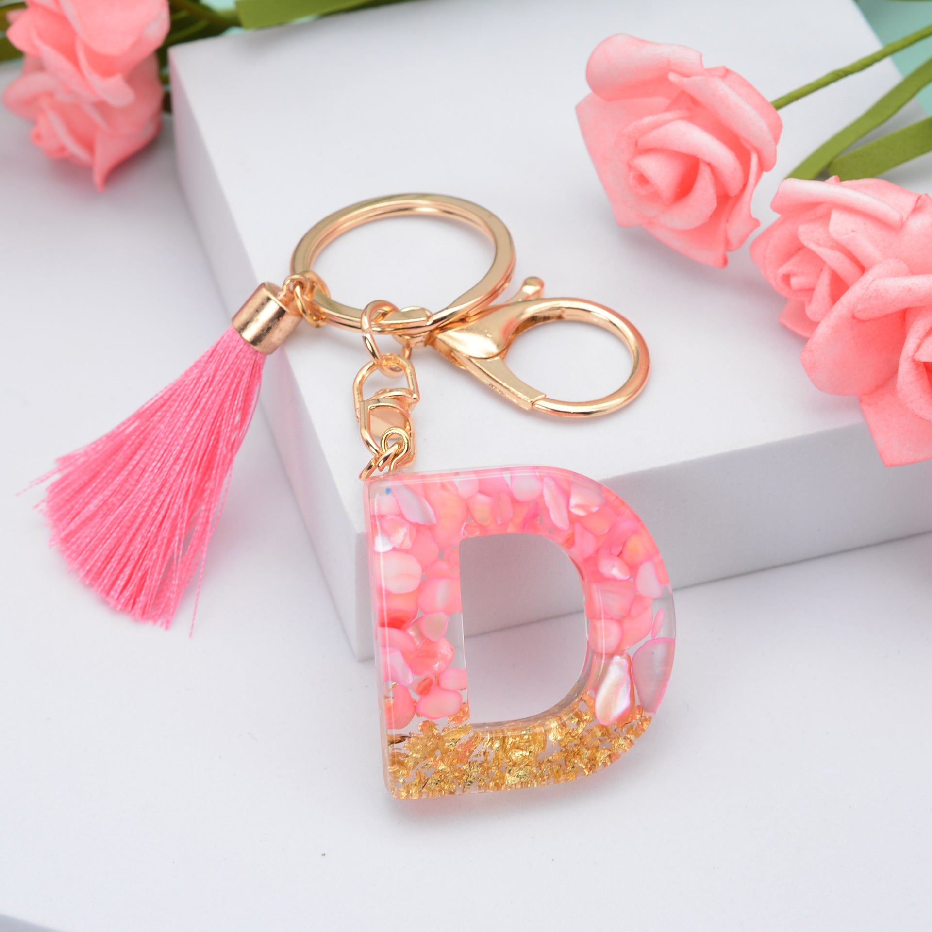 Wholesale Pink Tassel 26 Letter Crystal Resin Keychain