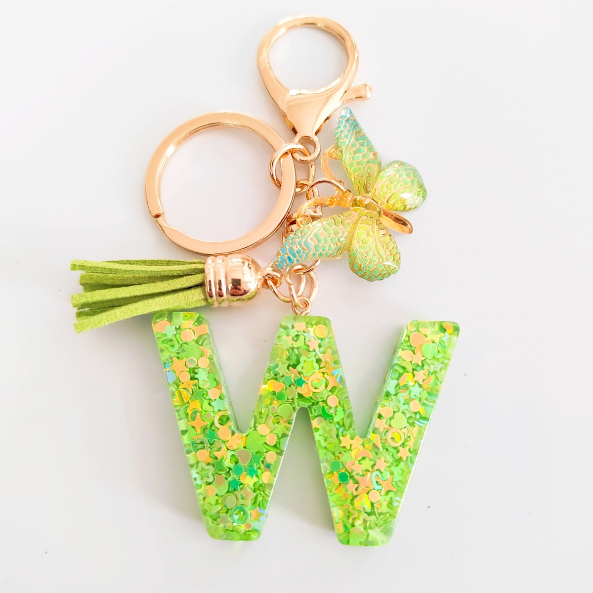 Wholesale 26 English Alphabet Keychain Pendant Green Star Glitter Resin Pendant  Key Chain
