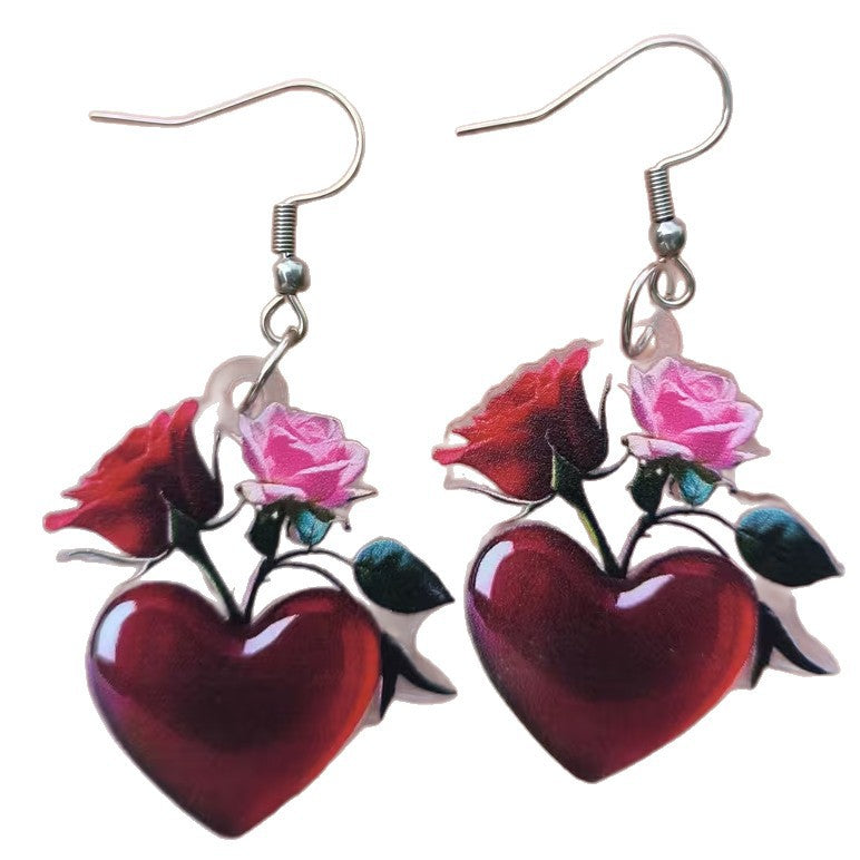 Wholesale Valentine' s Day Heart Red Rose Acrylic Earrings