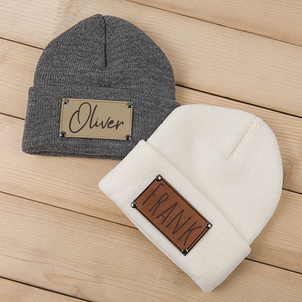 Wholesale Fashion Retro Infant and Toddler Children Blank Engravable Leather Label Knitted Warm Pullover Beanie