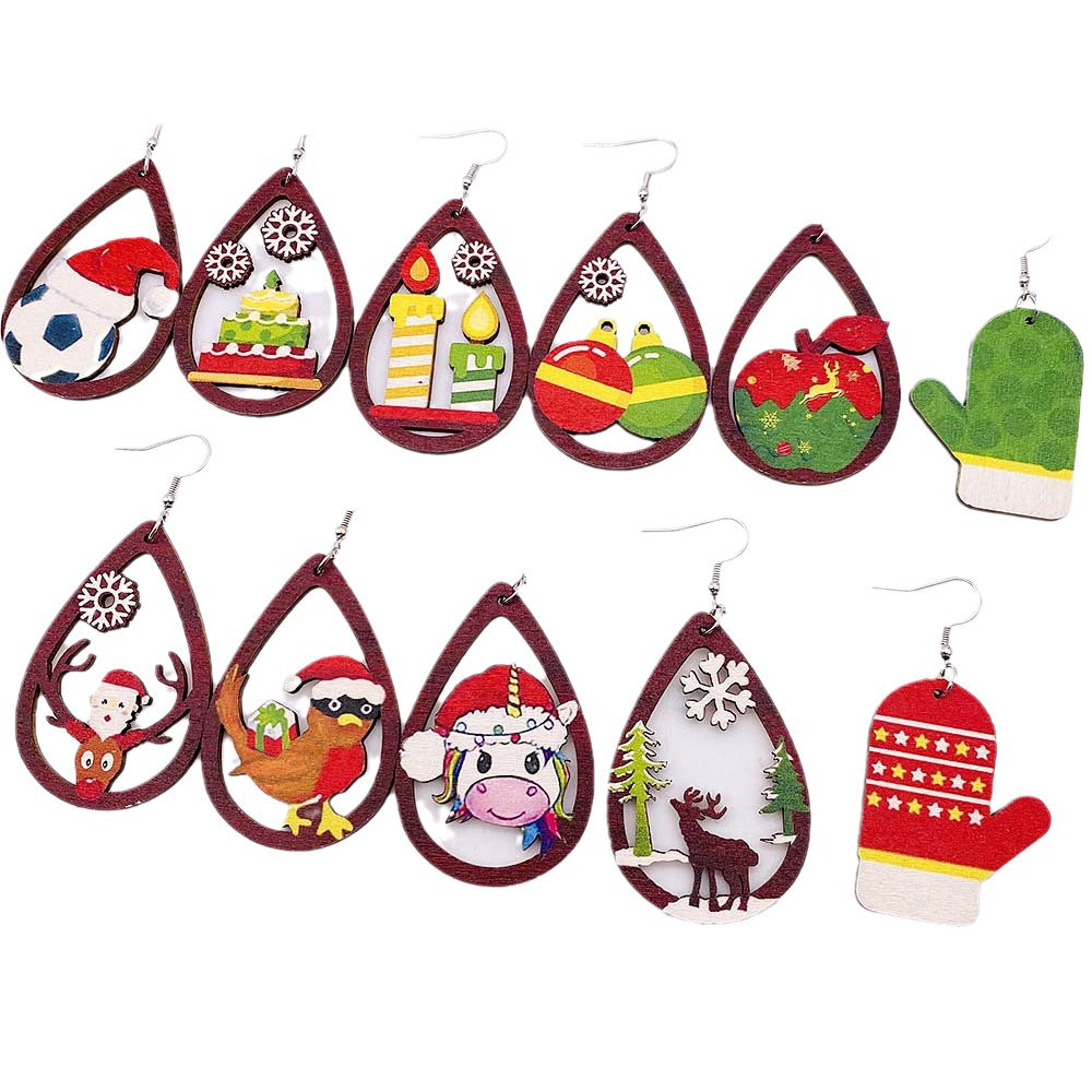 Wholesale Christmas Earrings Santa Hat Football Gloves Bell Print Wooden Earrings