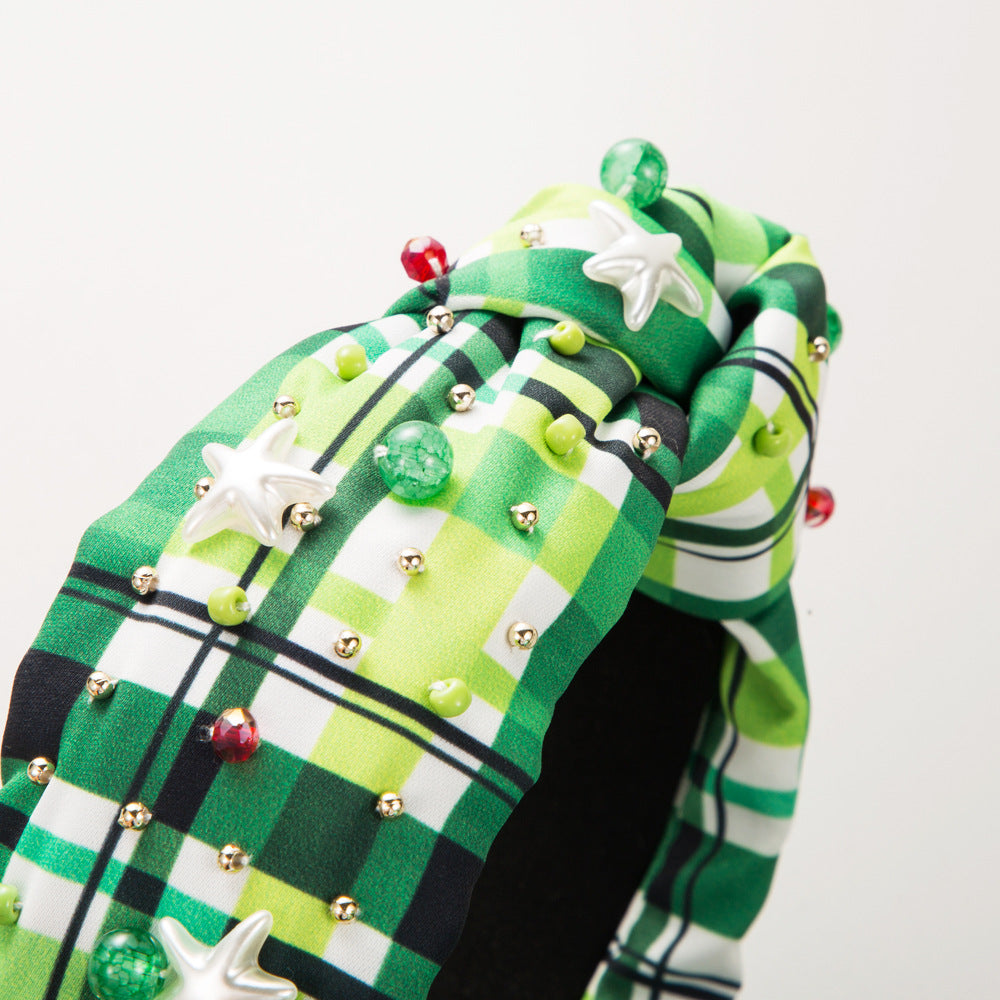 Wholesale Irish Festival Green Plaid Floral Fabric Hand-stitched Pearl Glass Diamond Headband
