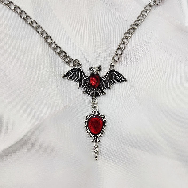 Wholesale Gothic bat necklace antique scarlet mirror pendant women's necklace