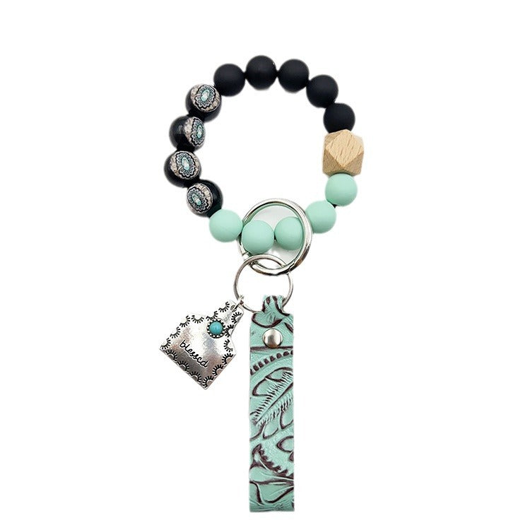 Wholesale Western Wood Beads Handmade Beaded Genuine Leather Embossed Wrist Keychain