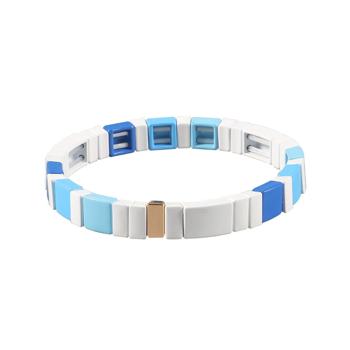 Wholesale Enamel Geometric Irregular Matte Blue and White Contrast Multi-layer Elastic Bracelet