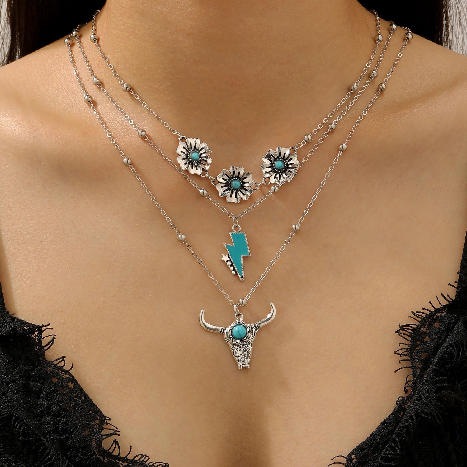 Wholesale Zinc Alloy Western Cowboy Turquoise Layered Necklace Set Bohemian Fashion Accessory Gift