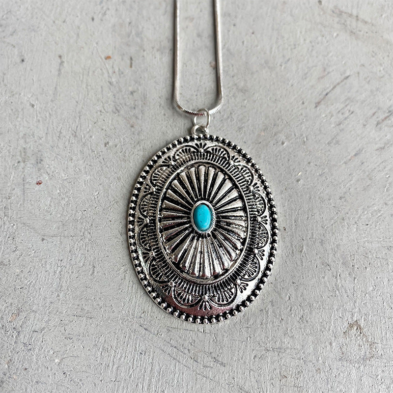 Wholesale Vintage Bohemian Turquoise Pumpkin Flower Metal Long Necklace