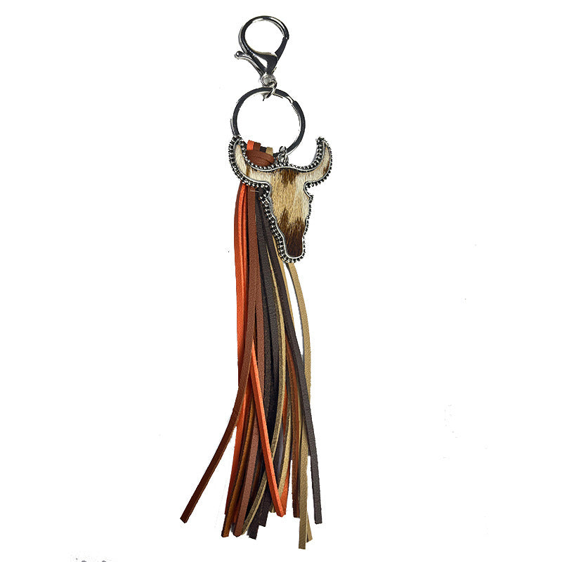 Wholesale Western style bull head tassel animal print leather keychain