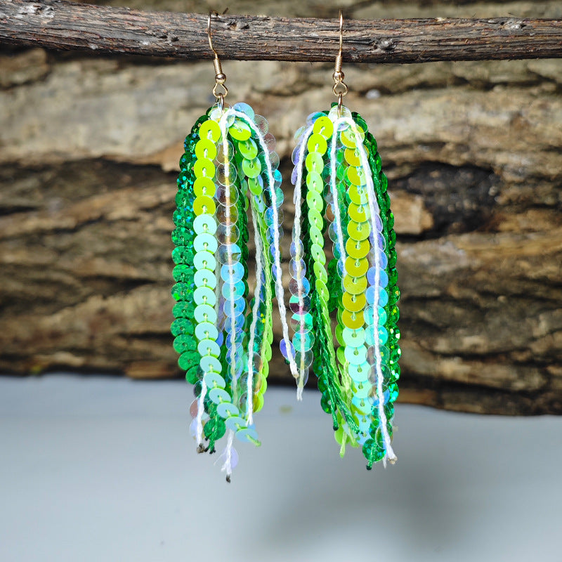 Wholesale Shiny Laser Green Sequin Round Tassel San Patrick Atmosphere Earrings