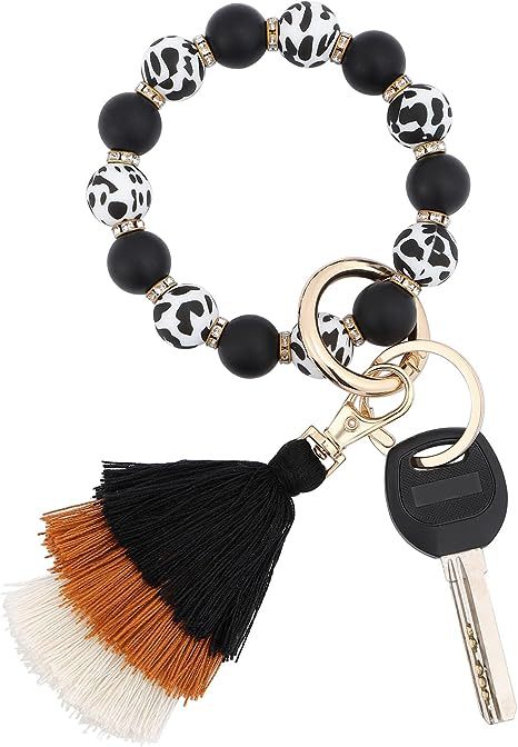 Wholesale Cow Print Leopard Print Tassel Silicone Beaded Wrist Keychain