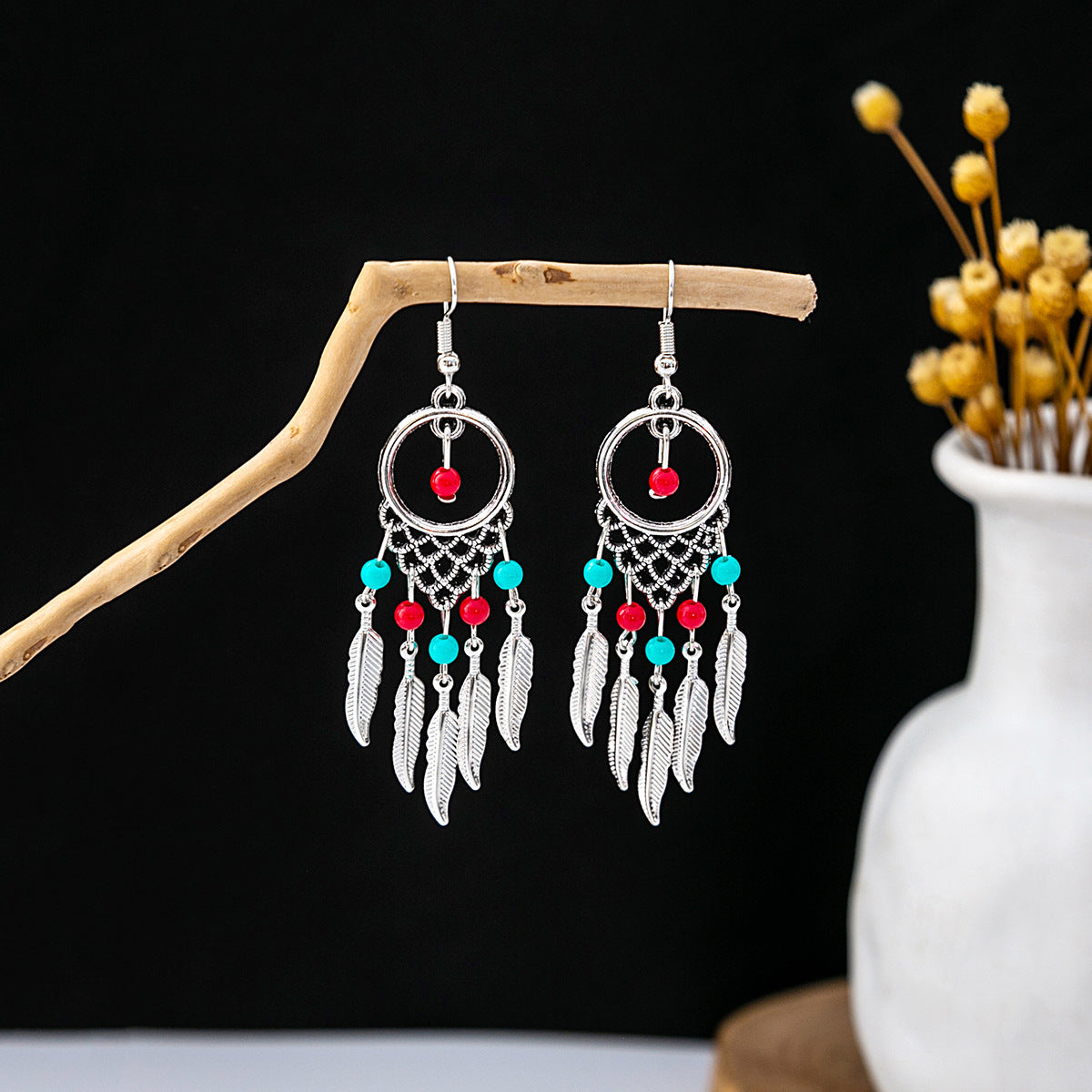 Wholesale Bohemian Ethnic Style Feather Tassel Alloy Earrings