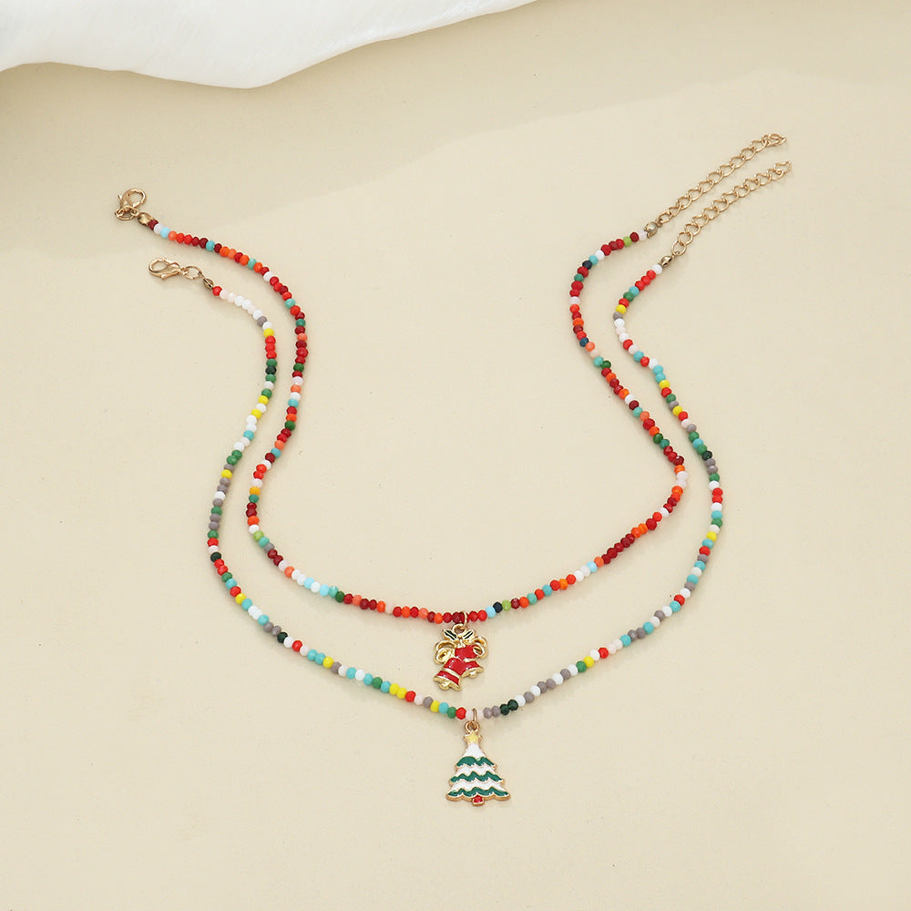 Wholesale Christmas Bells Christmas Tree Metal Crystal Beaded Necklace
