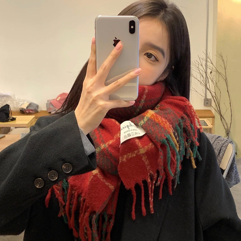 Wholesale Red Plaid Thickened Warm Christmas  Imitation Cashmere Scarf