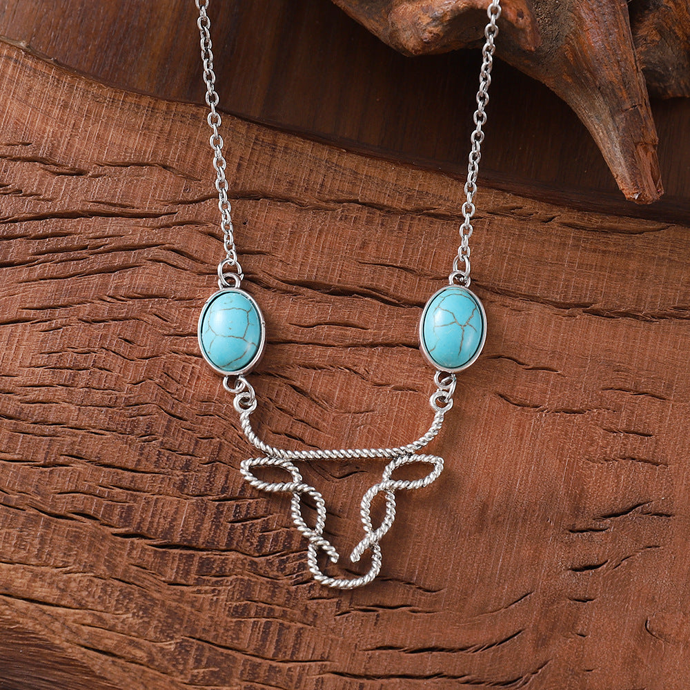 Wholesale Inlaid Turquoise Bull Head Bohemian Hollow Line Niche Simple Necklaces