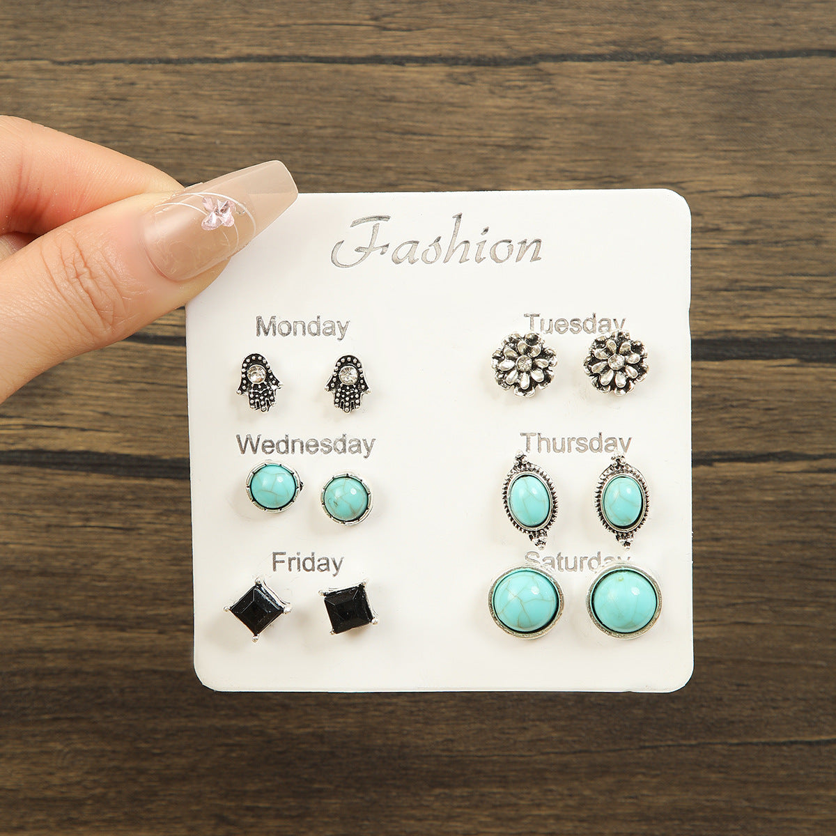 Wholesale 6 Pair Retro Turquoise Geometric Stud Earrings Ethnic Style Zinc Alloy Jewelry Set For Women