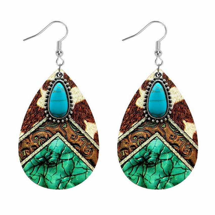 Wholesale Western Style Cow Pattern Turquoise Leather Drop Earrings