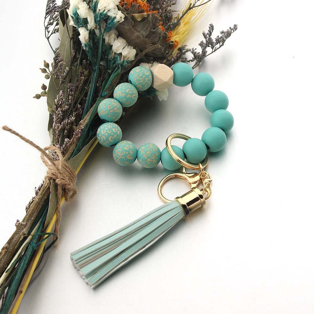 Wholesale Wooden Bead Printed Leather Tassel Bracelet Keychain