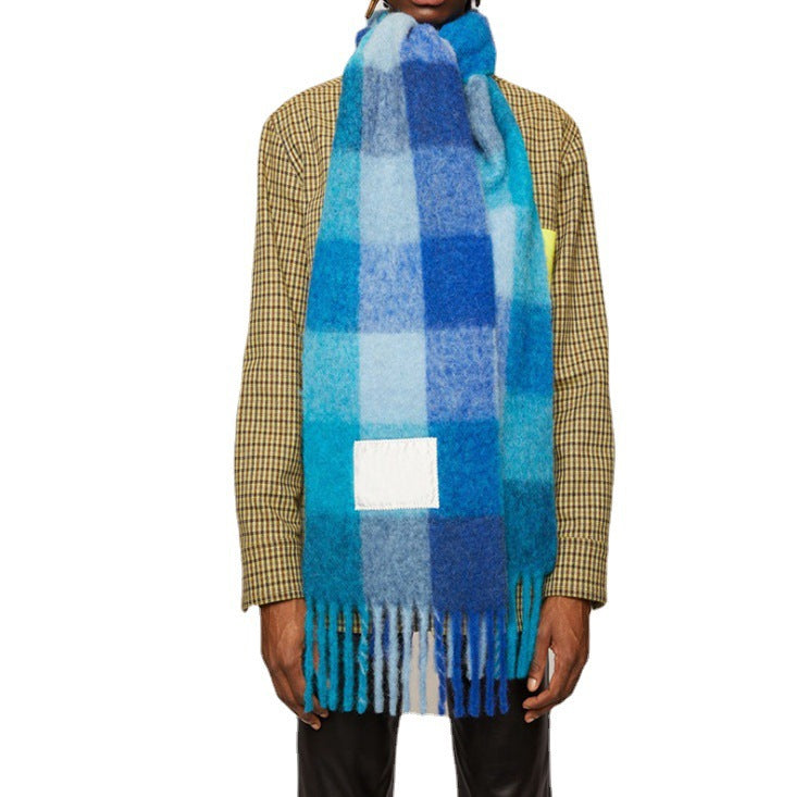 Wholesale Winter Ac Double Sided Rainbow Plaid Long Color Block Tassel Polyester Scarf