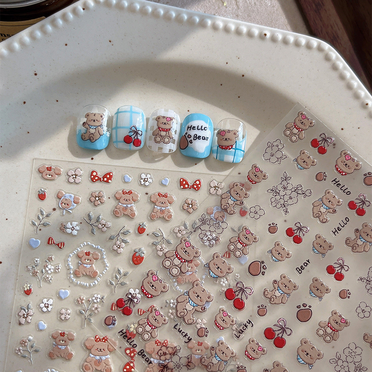 Wholesale love strawberry bear flower relief flat with adhesive nail stickers