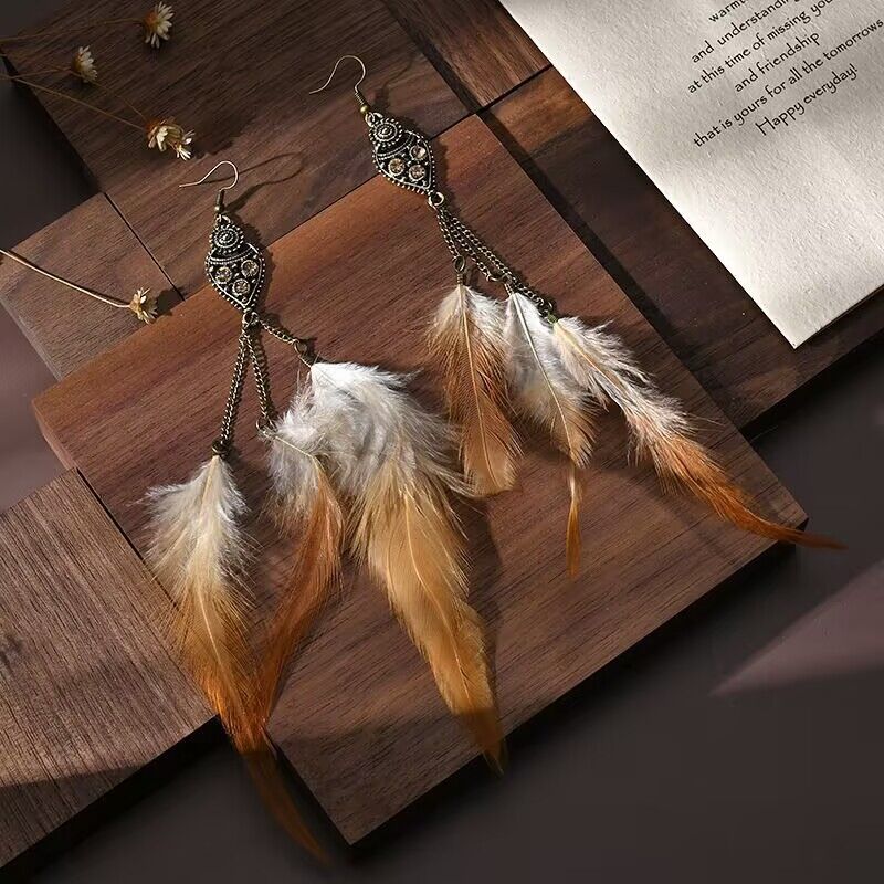 Wholesale long chain feather earrings ethnic style seaside earrings