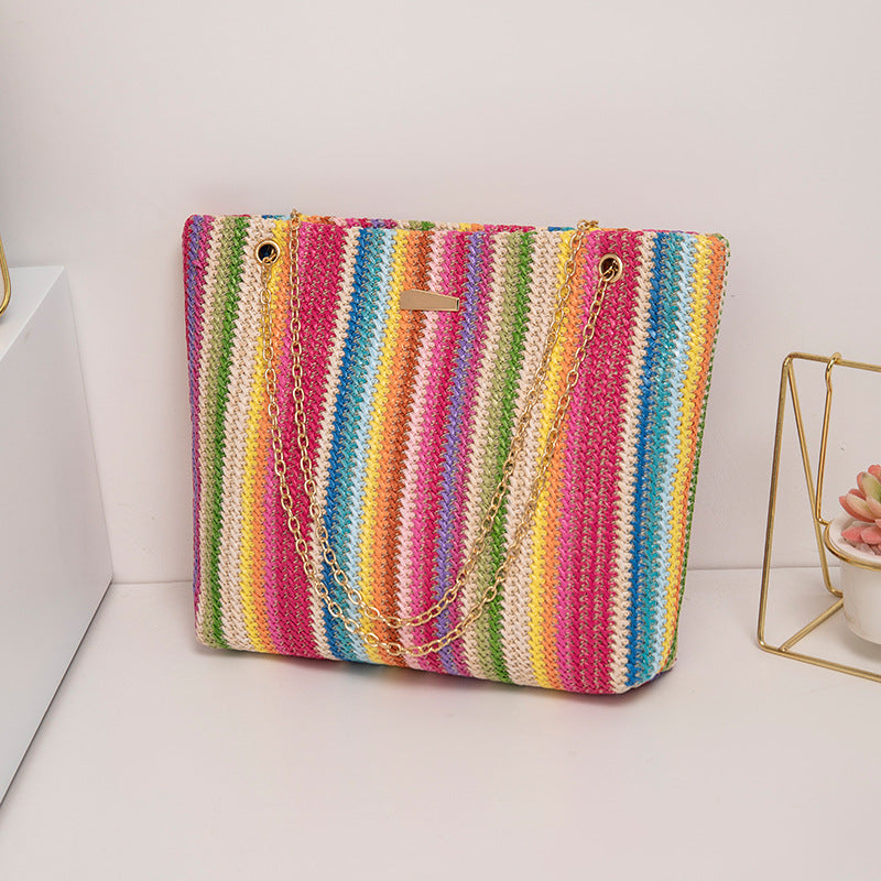 Wholesale Rainbow Multi Color Woven Grass Woven Tote Bag