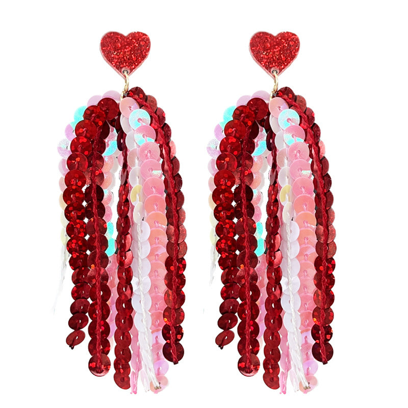 Wholesale 2pcs Valentine's Day Glitter Pink Atmosphere Love Shiny Tassel Temperament Color Matching Fashion Earrings