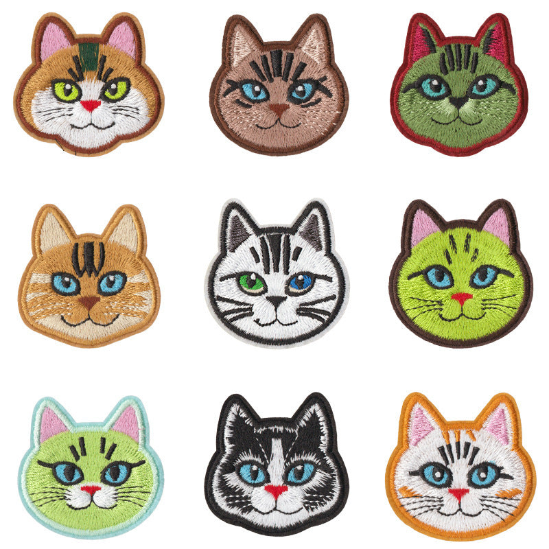 Wholesale Cartoon Cat Embroidery Iron On Patches 9 Pcs Polyester Cotton Clothing Repair Sticker Trendy DIY Fashion Accessory