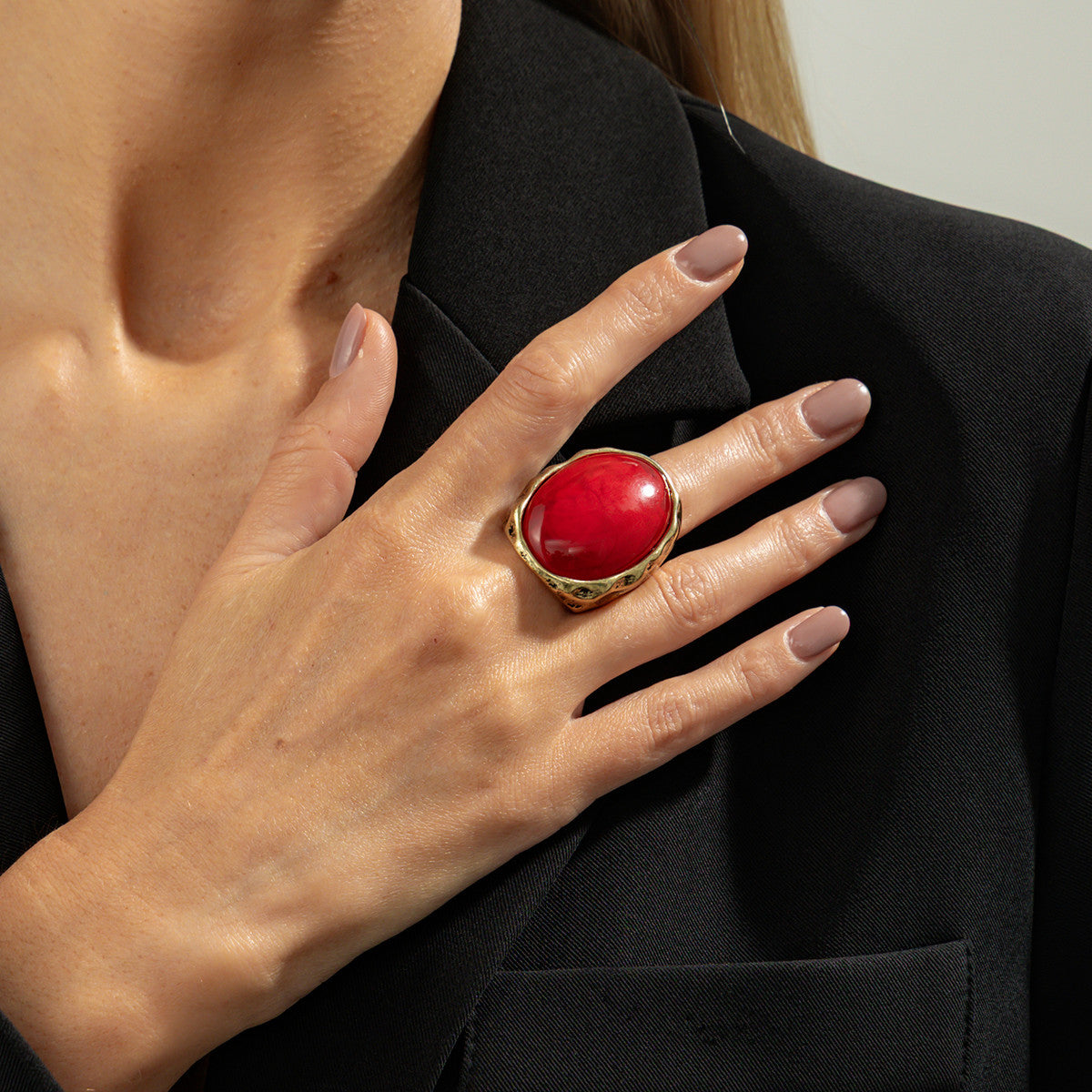 Wholesale Red gemstone geometric oval wide-faced ring