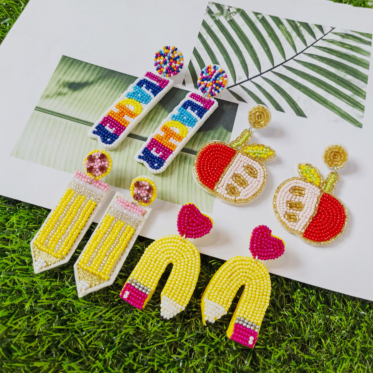 Wholesale Teacher Pencil Apple Fabric Handmade Rice Bead Earrings