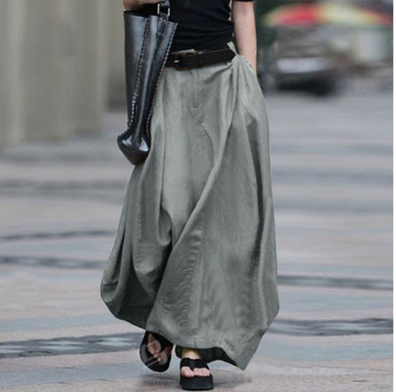 Wholesale Cotton and Linen Loose Swing Skirt Pleated A-Line Skirt