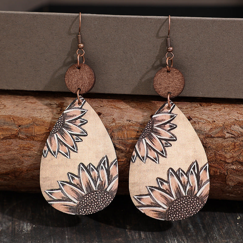 Wholesale Western style sunflower retro wood carving water drop Earrings creative stitching Earrings