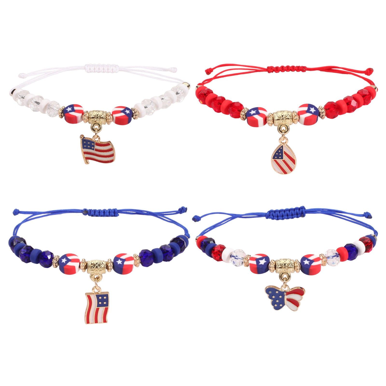 Wholesale Independence Day Braided Adjustable Heart Five-pointed Star Butterfly Red White and Blue Bracelet