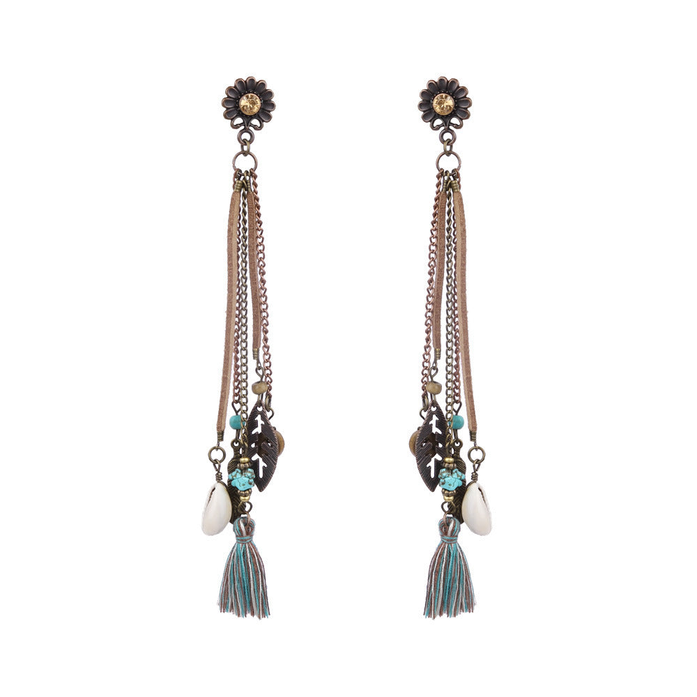 Wholesale Bohemian Rice Pearl Shell Long Tassel Earrings