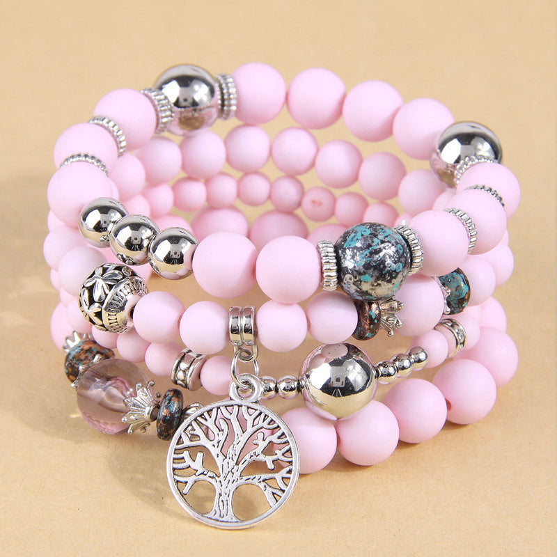 Wholesale Alloy Tree of Life Pendant Frosted Bead Multilayer Bracelet
