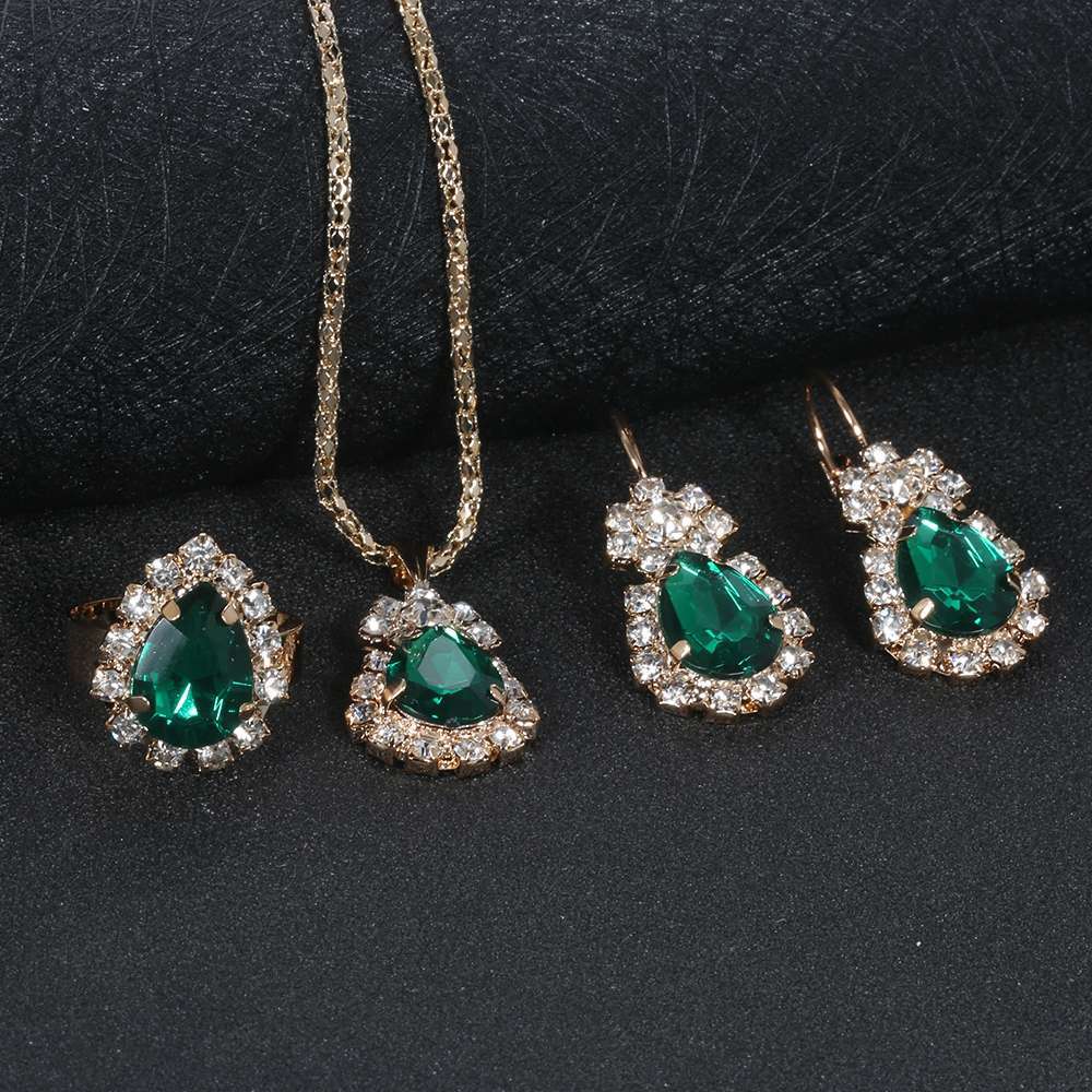 Wholesale Alloy Water Drop Full Diamond Necklace,  Earrings,  and Ring Set