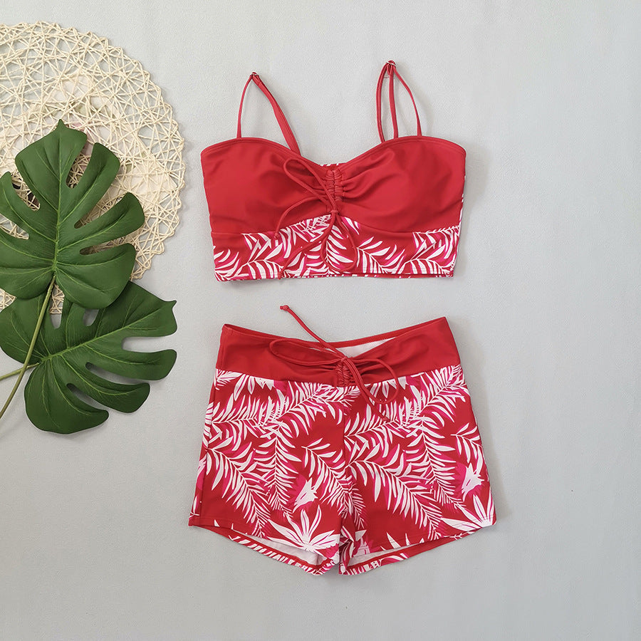 Wholesale High-waisted boxer tie-strap print solid color patchwork print swimsuit