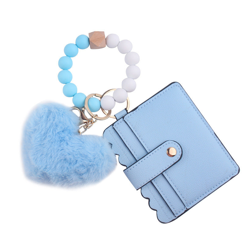 Wholesale Heart Shape Fur Ball Card Holder Silicone Beaded Wrist Keychain