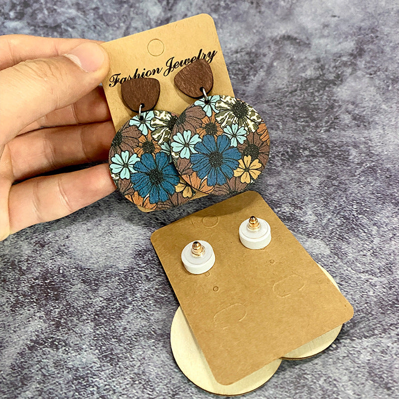 Wholesale Bohemian floral patchwork  Wood Earrings