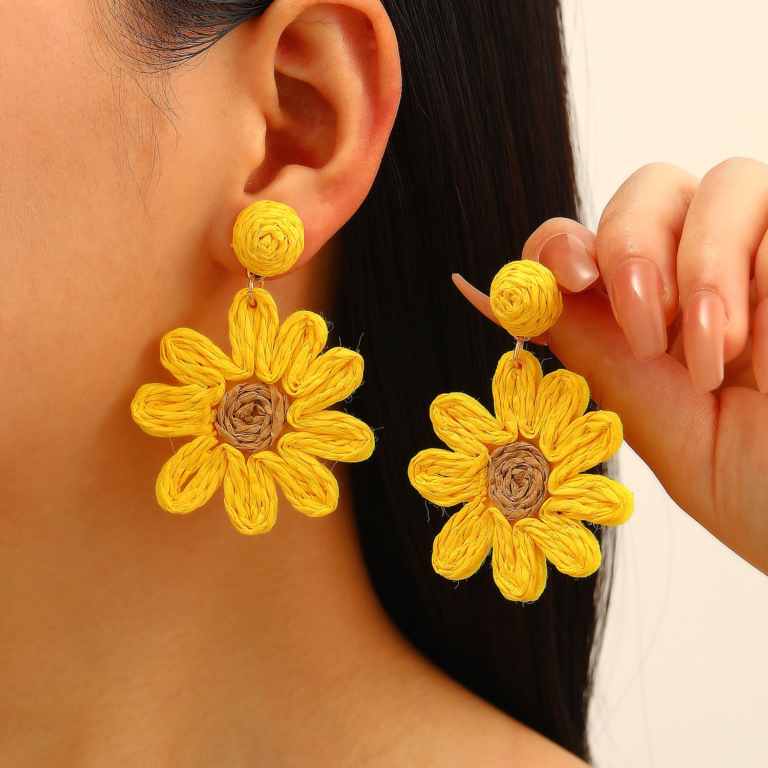 Wholesale Trendy Summer Vacation Hand Knit Raffia Flower Earrings For Women Golden Yellow Fashion Accessory Resale Gift