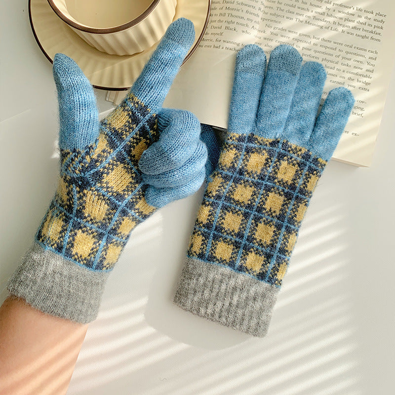 Wholesale Winter Cycling Velvet Cold-proof Thickened Checkerboard Wool Gloves