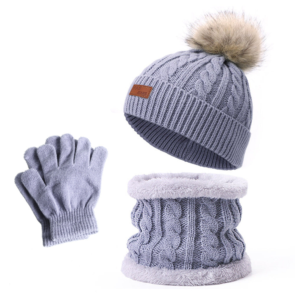 Wholesale Winter Baby Infant Child Warm Plus Velvet Thickened Scarf Pompom Hat Two-piece Set