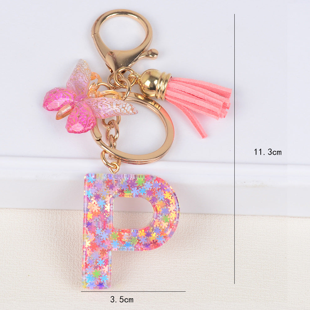 卸売スパンコールスノーフレークレター樹脂キーホルダー
