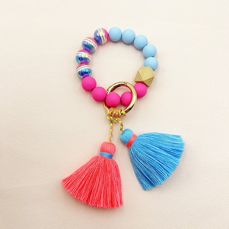 Wholesale Horizontal Multicolor Acrylic Beads Handmade Beaded Bracelet Double Ended Thread Tassel Keychain