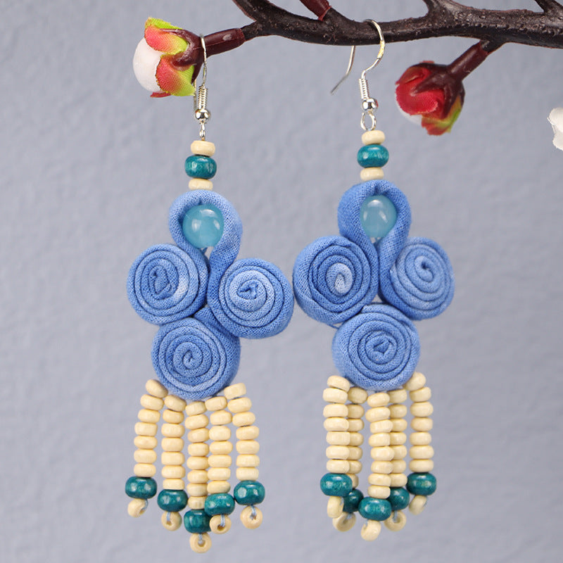 Wholesale Tie-dye blue dye earrings earrings ethnic style buckle flower blue earrings tie-dye earrings