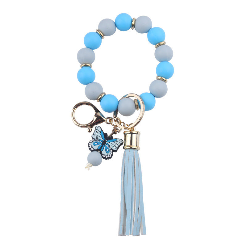 Wholesale PU Tassel Beaded Cartoon Butterfly Pendant Rainbow Leather Keychain